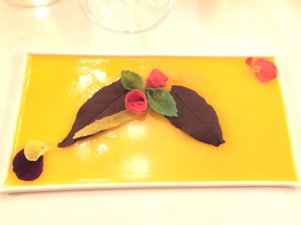 The one dessert  I really liked! Mango glee with chocolate leaves and berries. So good!