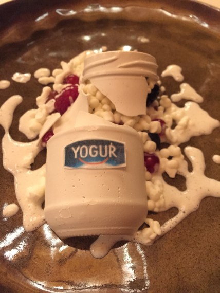 Ridiculous concept of a smashed yogurt jar as confection.  Probably sounded like a good idea, but poorly executed. More wow visually than taste...which was a total failure